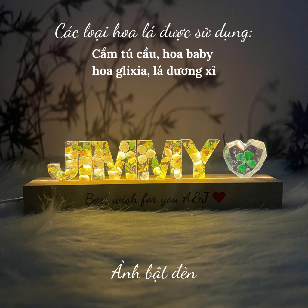 Den chu hoa kho mau vang ruc ro duc khoi nhua Resin trong suot nhu thuy tinh do ben cao